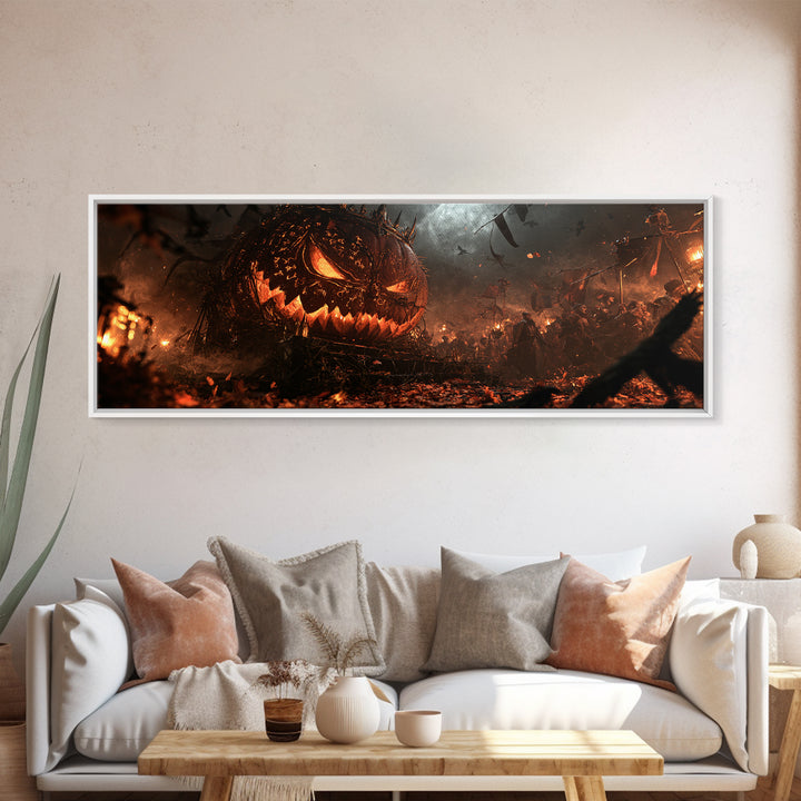 The Gold-Crowned Pumpkin Oracle - Procession Scene, Macabre Halloween Art, Extra Wide Wall Art, Framed Canvas Print, Halloween Home Decor