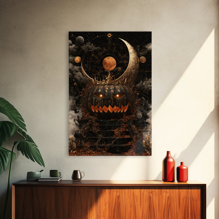 The Gold-Crowned Pumpkin Oracle - Surreal Celestial Vision, Spooky Wall Decor, Vertical Wall Art, Framed Canvas Print, Halloween Home Decor