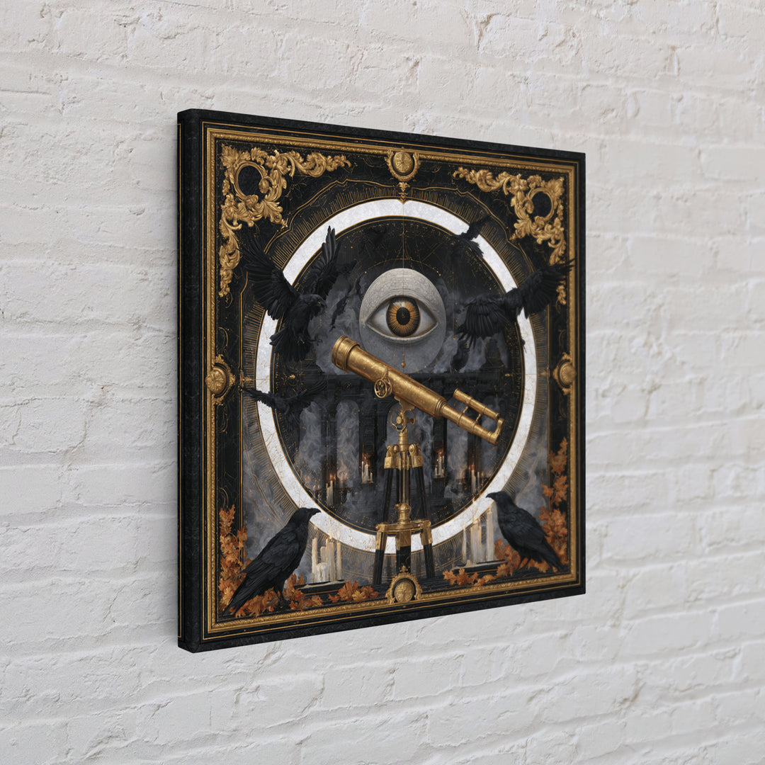 The Midnight Raven Observatory - Icon Portrait, Spooky Wall Decor, Square Wall Art, Framed Canvas Print, Halloween Home Decor