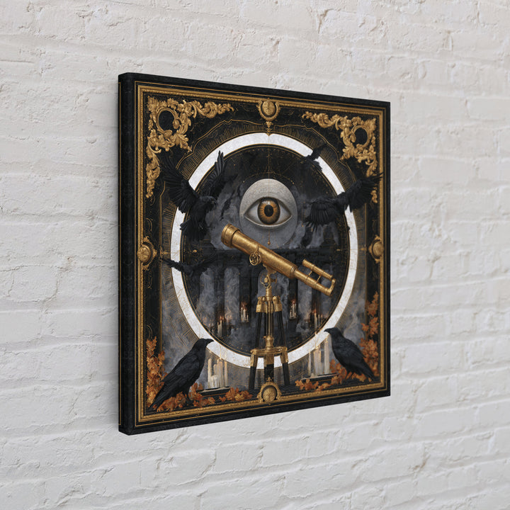 The Midnight Raven Observatory - Icon Portrait, Spooky Wall Decor, Square Wall Art, Framed Canvas Print, Halloween Home Decor
