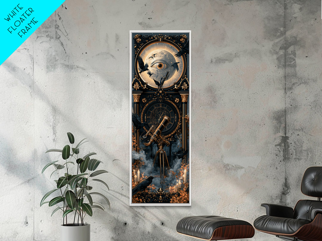The Midnight Raven Observatory - Icon Portrait, Macabre Halloween Art, Tall Narrow Wall Art, Framed Canvas Print, Halloween Home Decor