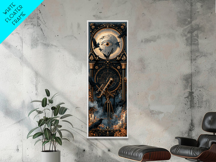 The Midnight Raven Observatory - Icon Portrait, Macabre Halloween Art, Tall Narrow Wall Art, Framed Canvas Print, Halloween Home Decor