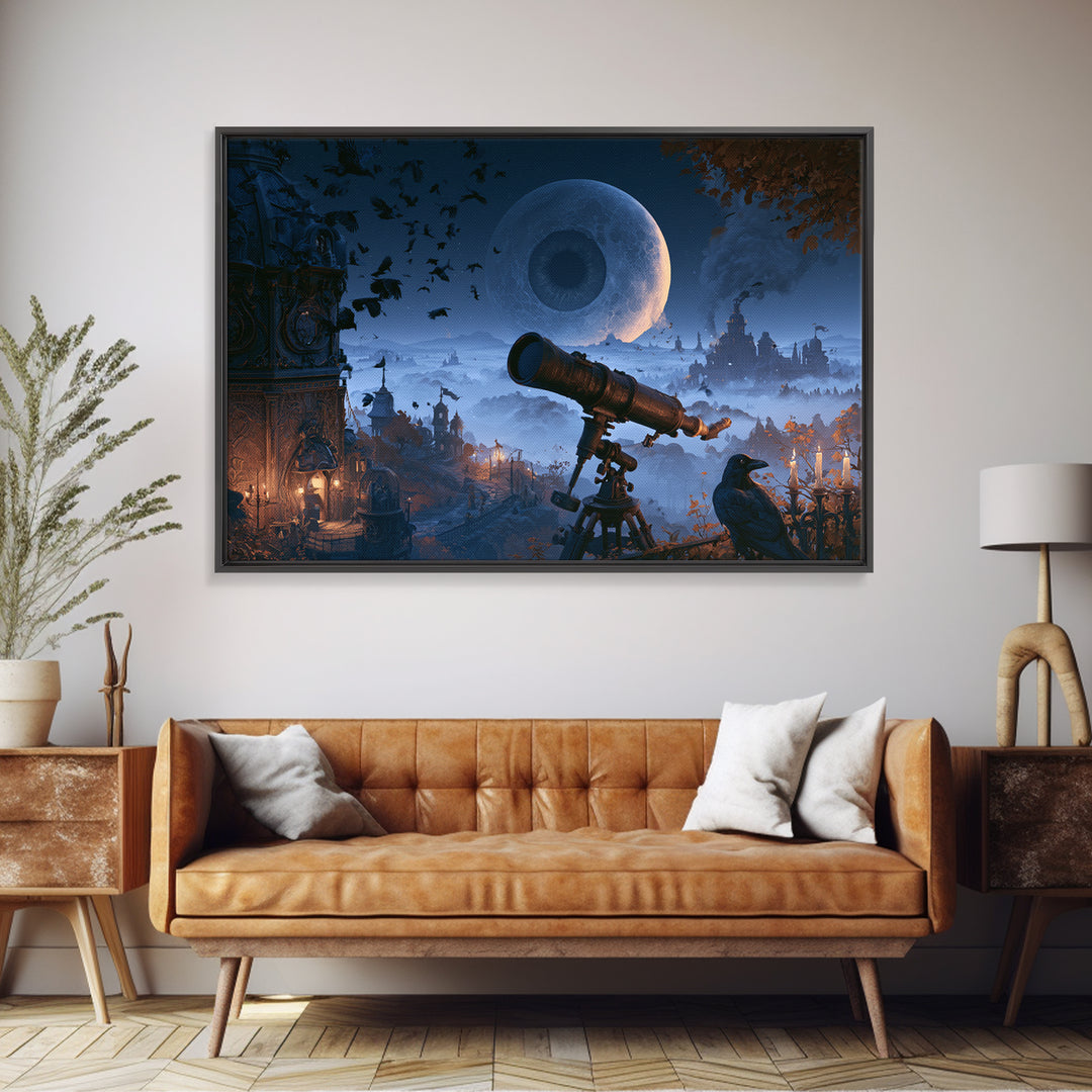 The Midnight Raven Observatory - Environmental Panorama, Halloween Wall Art, Landscape Wall Art, Framed Canvas Print, Halloween Home Decor