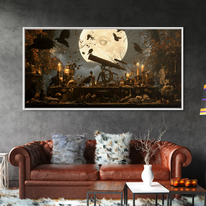 The Midnight Raven Observatory - Occult Still Life, Gothic Home Decor, Wide Panoramic Art, Canvas Print, Halloween Home Decor