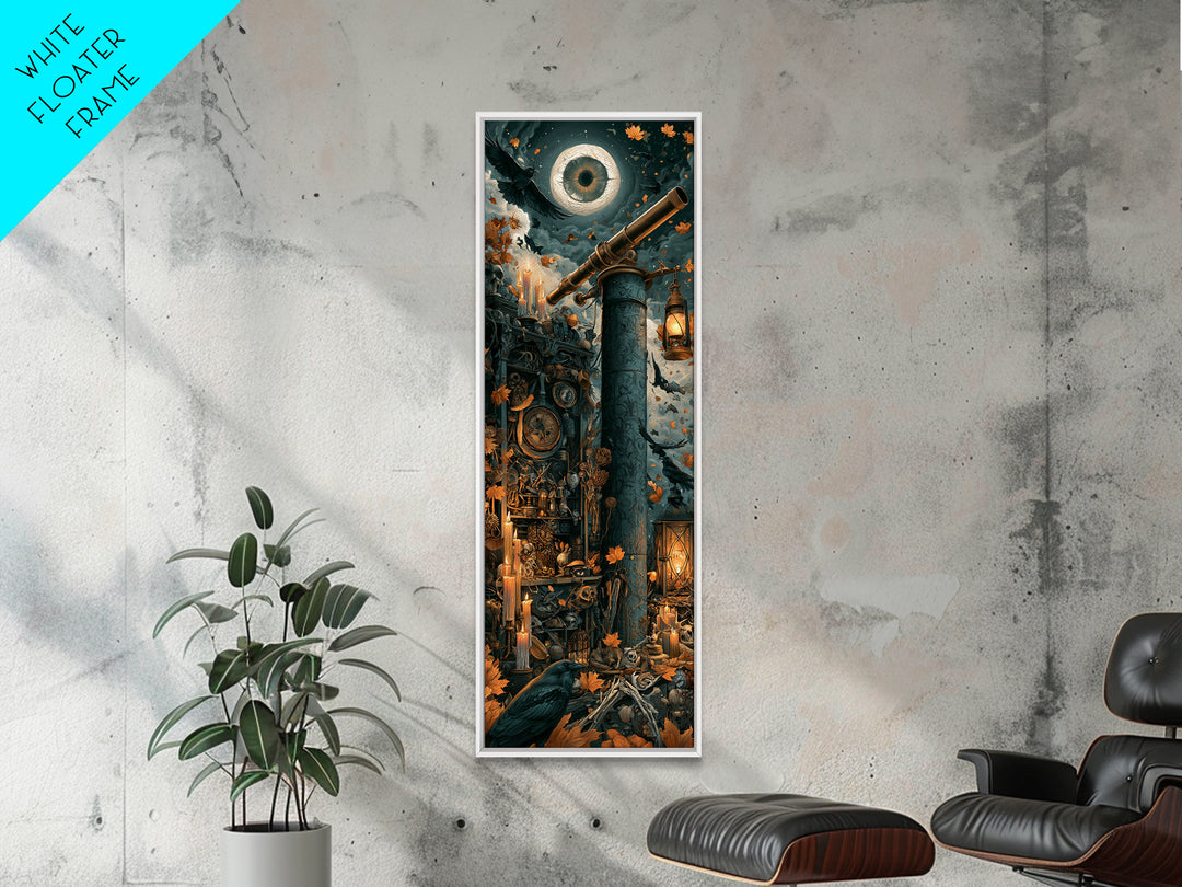 The Midnight Raven Observatory - Occult Still Life, Spooky Wall Decor, Tall Narrow Wall Art, Framed Canvas Print, Halloween Home Decor
