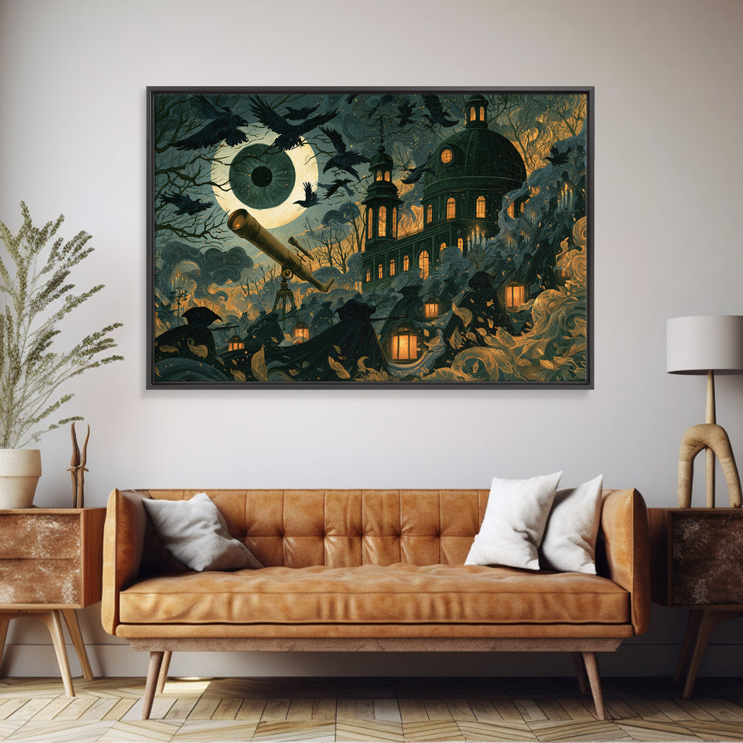 The Midnight Raven Observatory - Procession Scene, Halloween Wall Art, Landscape Wall Art, Framed Canvas Print, Halloween Home Decor