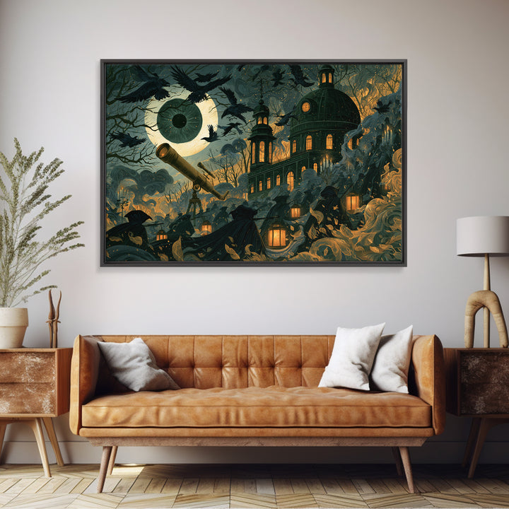 The Midnight Raven Observatory - Procession Scene, Halloween Wall Art, Landscape Wall Art, Framed Canvas Print, Halloween Home Decor