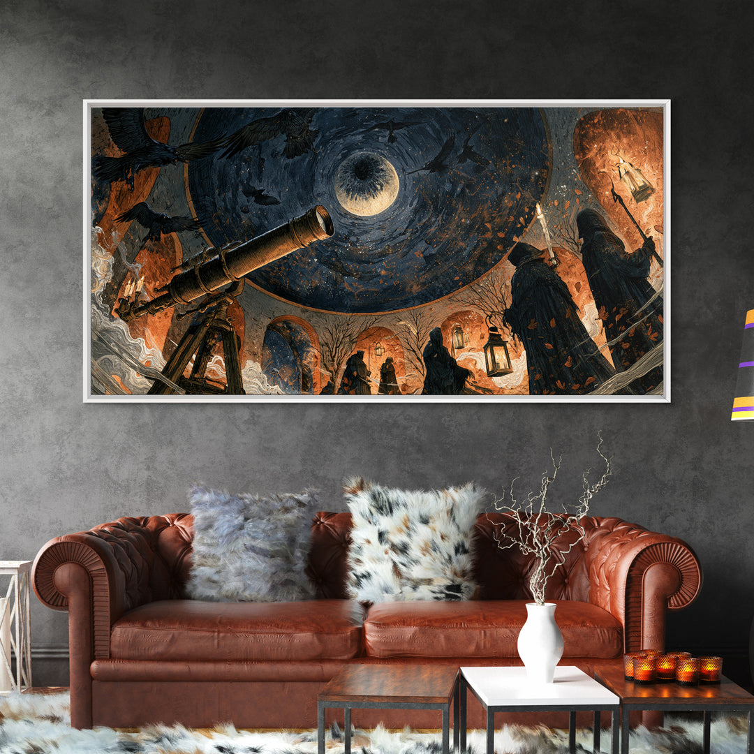 The Midnight Raven Observatory - Procession Scene, Spooky Wall Decor, Wide Panoramic Art, Framed Canvas Print, Halloween Home Decor