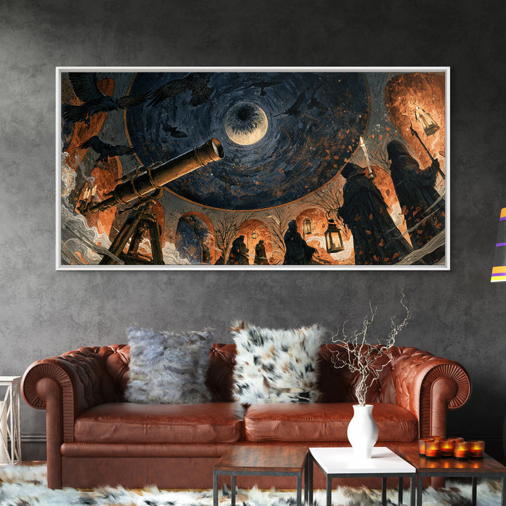 The Midnight Raven Observatory - Procession Scene, Spooky Wall Decor, Wide Panoramic Art, Framed Canvas Print, Halloween Home Decor