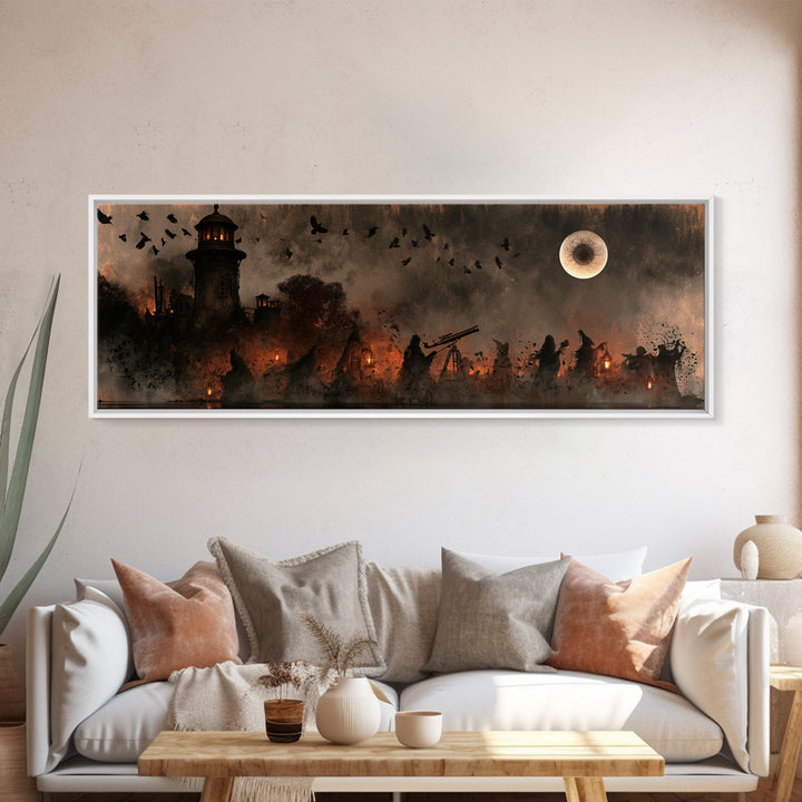 The Midnight Raven Observatory - Procession Scene, Macabre Halloween Art, Extra Wide Wall Art, Framed Canvas Print, Halloween Home Decor