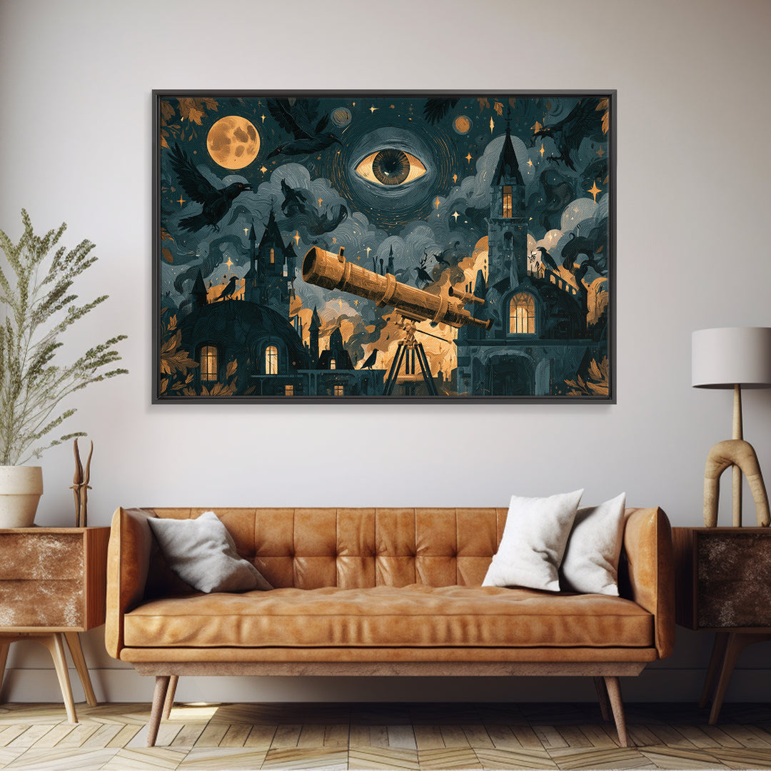 The Midnight Raven Observatory - Surreal Celestial Vision, Dark Fantasy Wall Art, Landscape Wall Art, Canvas Print, Halloween Home Decor