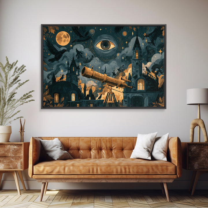 The Midnight Raven Observatory - Surreal Celestial Vision, Dark Fantasy Wall Art, Landscape Wall Art, Canvas Print, Halloween Home Decor