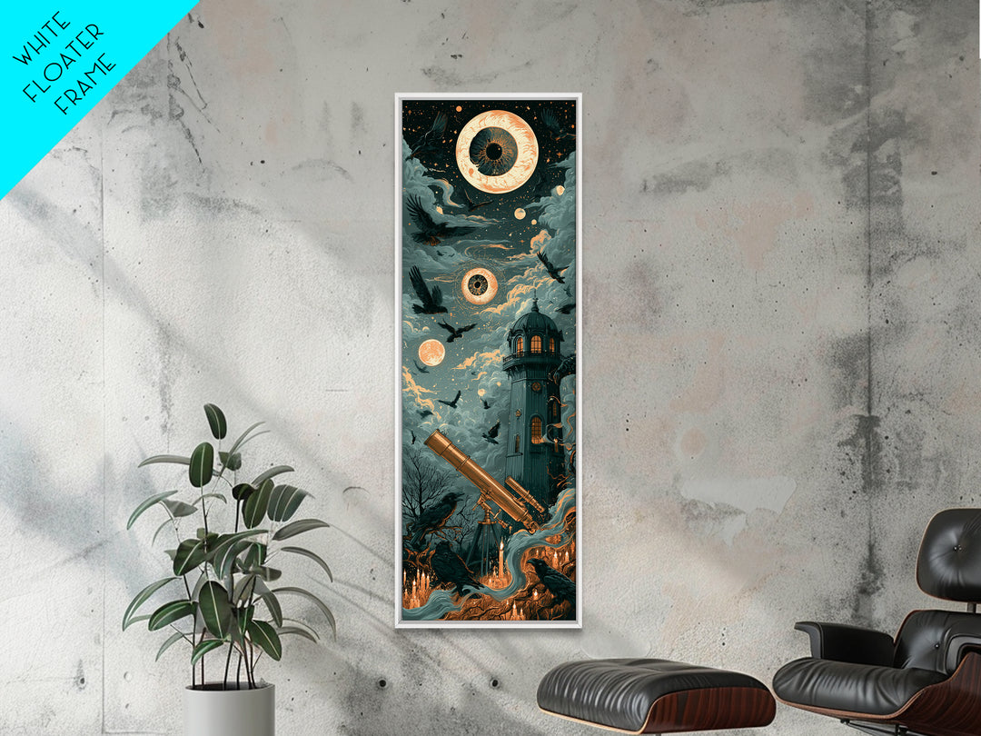 The Midnight Raven Observatory - Surreal Celestial Vision, Halloween Wall Art, Tall Narrow Wall Art, Framed Canvas Print, Gothic Wall Art