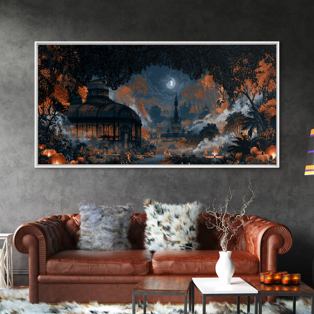 The Black Lace Haunted Conservatory - Environmental Panorama, Halloween Wall Art, Wide Panoramic Art, Framed Canvas Print, Gothic Wall Art