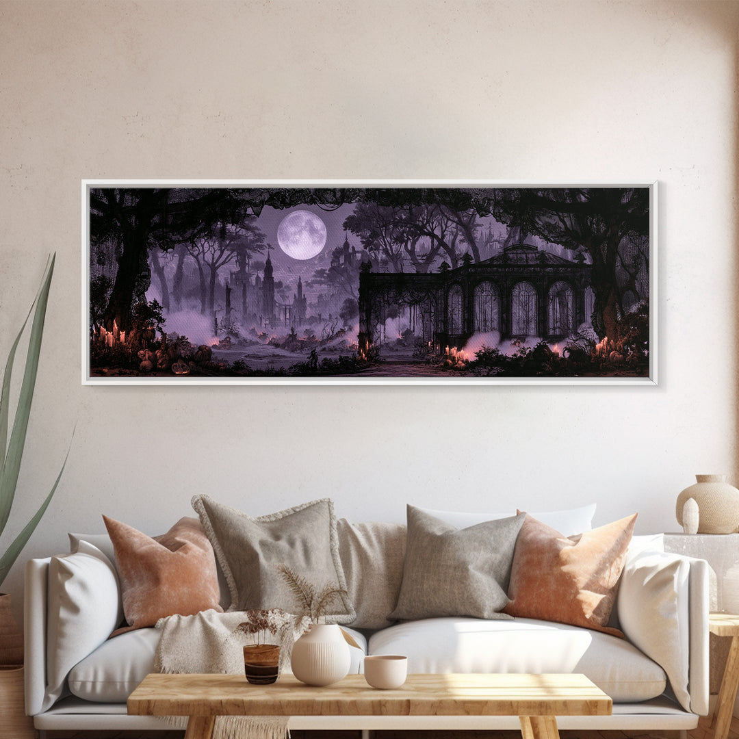 The Black Lace Haunted Conservatory - Environmental Panorama, Halloween Wall Art, Extra Wide Wall Art, Framed Canvas Print, Gothic Wall Art