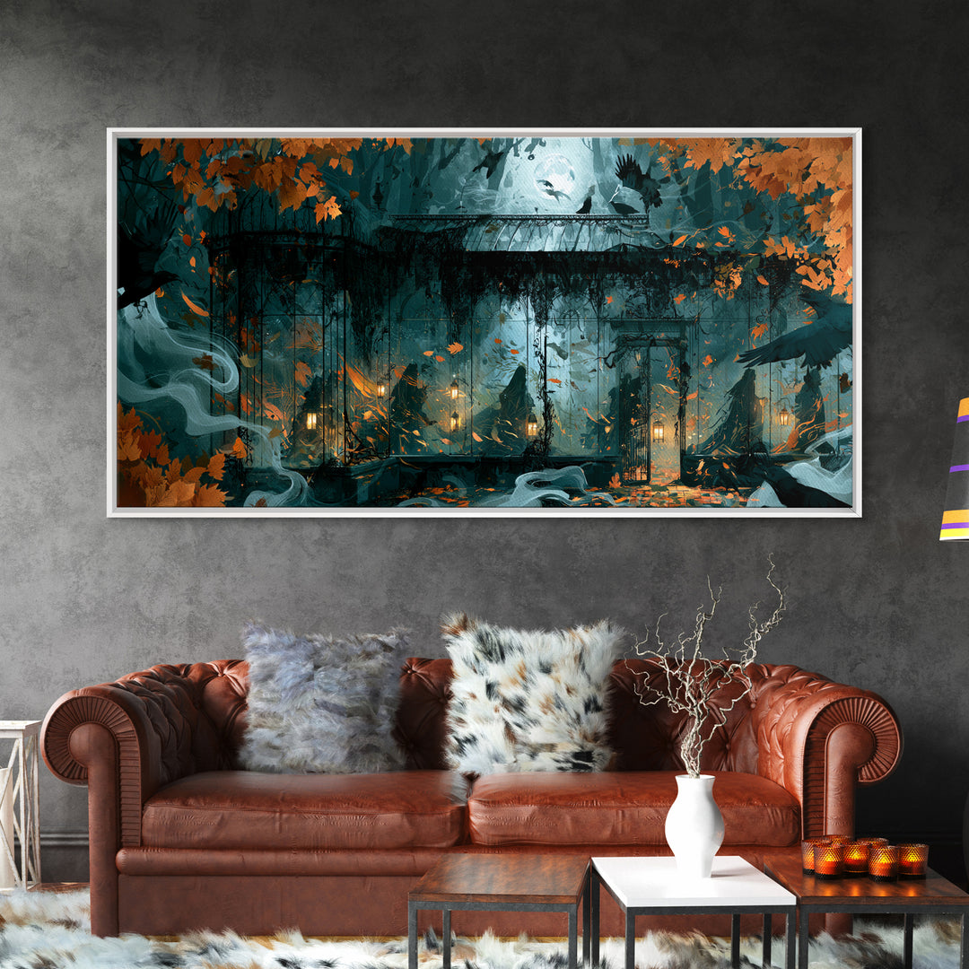 The Black Lace Haunted Conservatory - Procession Scene, Macabre Halloween Art, Wide Panoramic Art, Framed Canvas Print, Halloween Home Decor