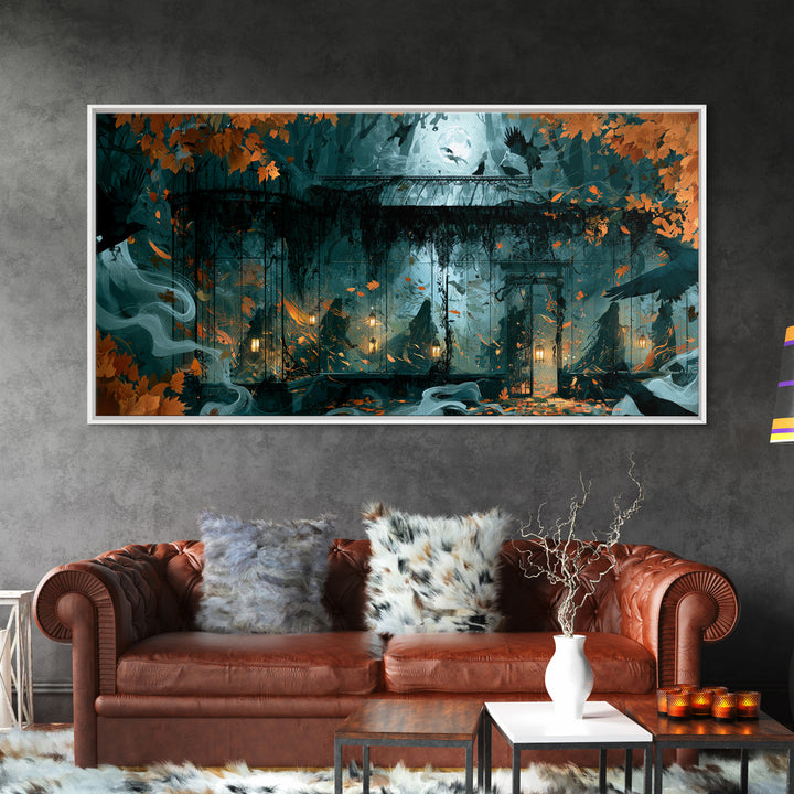 The Black Lace Haunted Conservatory - Procession Scene, Macabre Halloween Art, Wide Panoramic Art, Framed Canvas Print, Halloween Home Decor