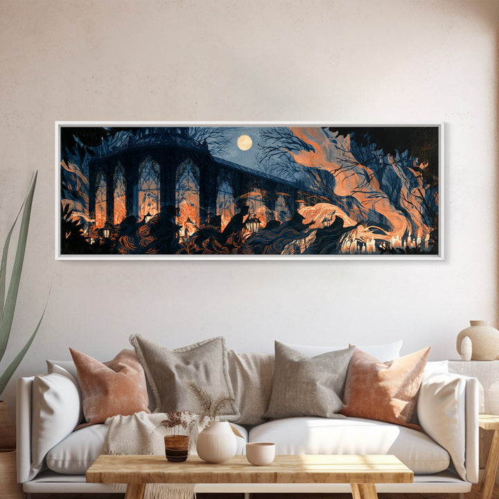 The Black Lace Haunted Conservatory - Procession Scene, Dark Fantasy Wall Art, Extra Wide Wall Art, Canvas Print, Halloween Home Decor
