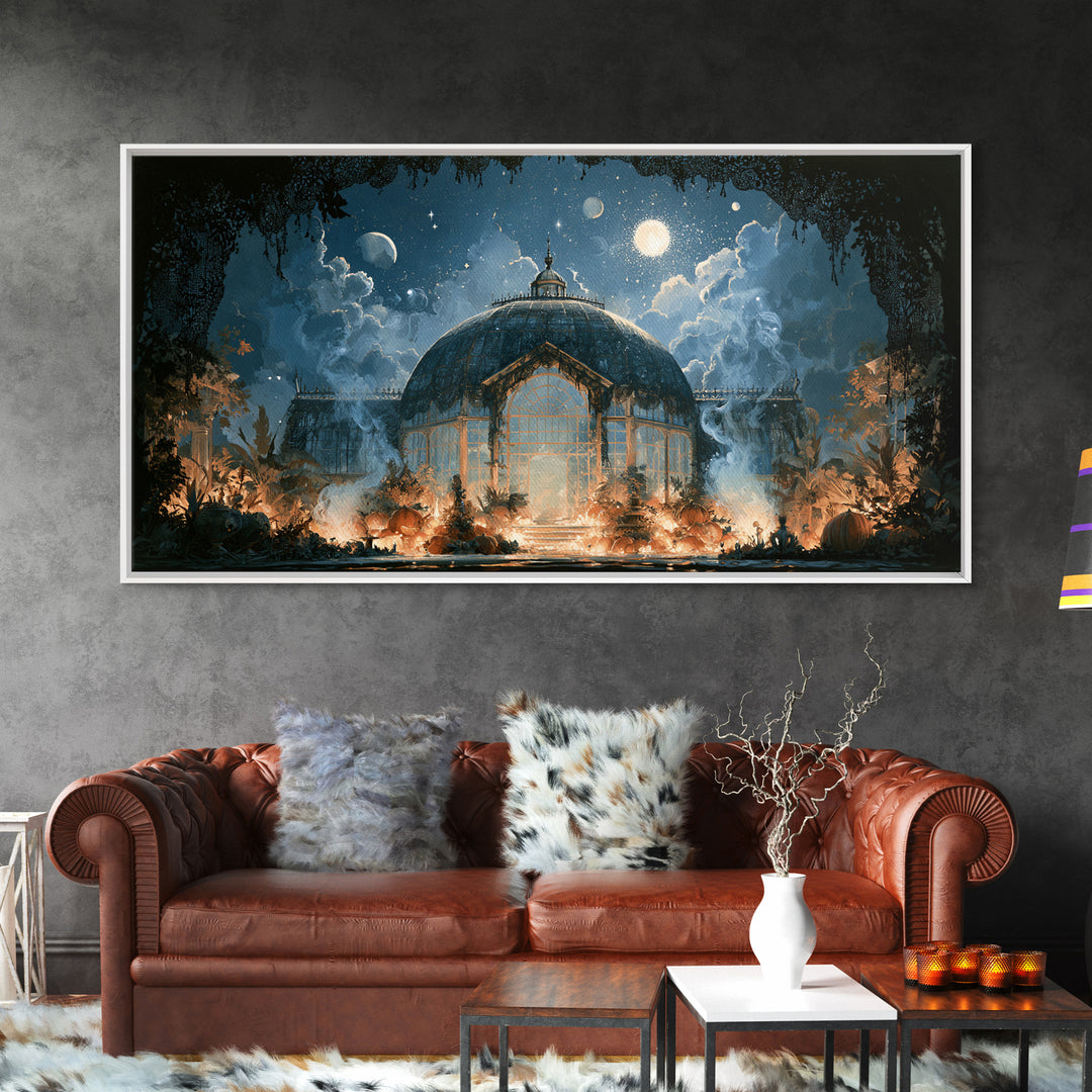 The Black Lace Haunted Conservatory - Surreal Celestial Vision, Occult Wall Decor, Wide Panoramic Art, Canvas Print, Halloween Home Decor