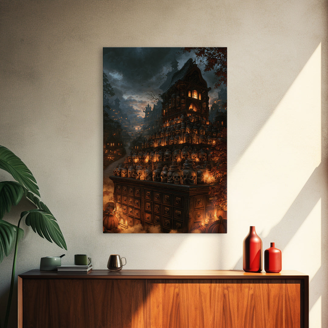 The Candlelit Skull Apothecary - Environmental Panorama, Halloween Wall Art, Vertical Wall Art, Framed Canvas Print, Halloween Home Decor