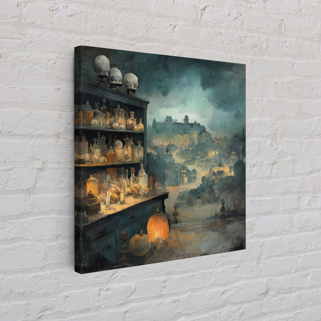 The Candlelit Skull Apothecary - Environmental Panorama, Dark Fantasy Wall Art, Square Wall Art, Canvas Print, Halloween Home Decor