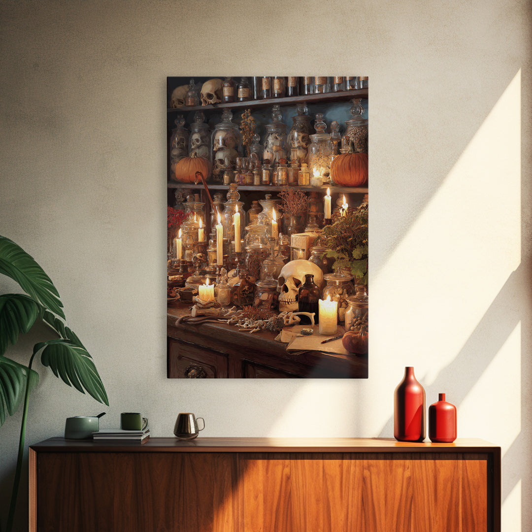 The Candlelit Skull Apothecary - Occult Still Life, Macabre Halloween Art, Vertical Wall Art, Framed Canvas Print, Halloween Home Decor