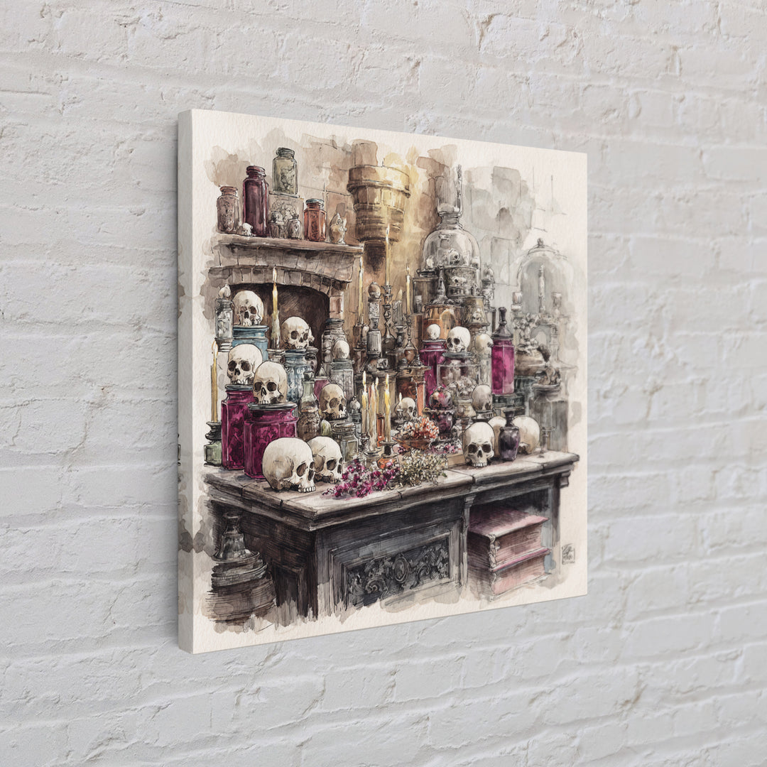 The Candlelit Skull Apothecary - Occult Still Life, Macabre Halloween Art, Square Wall Art, Framed Canvas Print, Halloween Home Decor