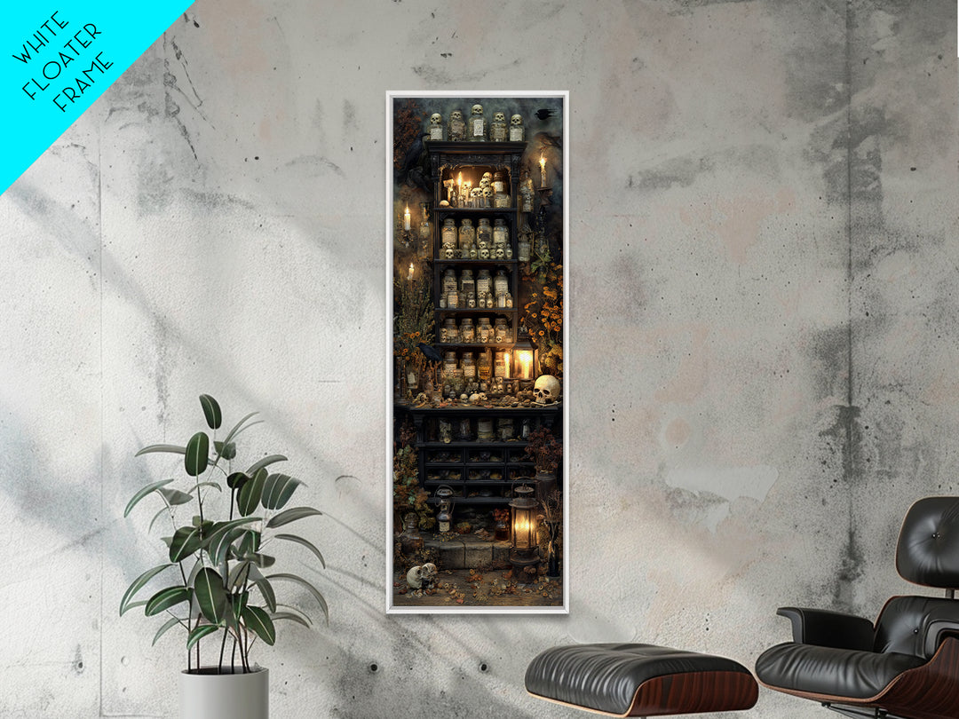 The Candlelit Skull Apothecary - Occult Still Life, Halloween Wall Art, Tall Narrow Wall Art, Framed Canvas Print, Halloween Home Decor