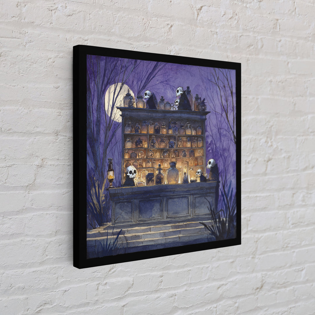 The Candlelit Skull Apothecary - Procession Scene, Macabre Halloween Art, Square Wall Art, Framed Canvas Print, Halloween Home Decor