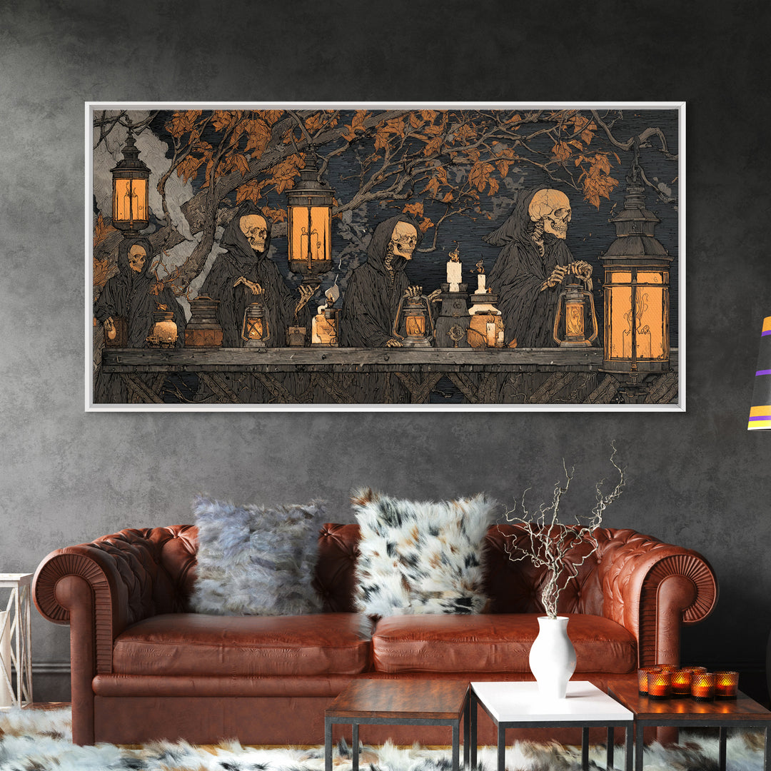 The Candlelit Skull Apothecary - Procession Scene, Spooky Wall Decor, Wide Panoramic Art, Framed Canvas Print, Halloween Home Decor