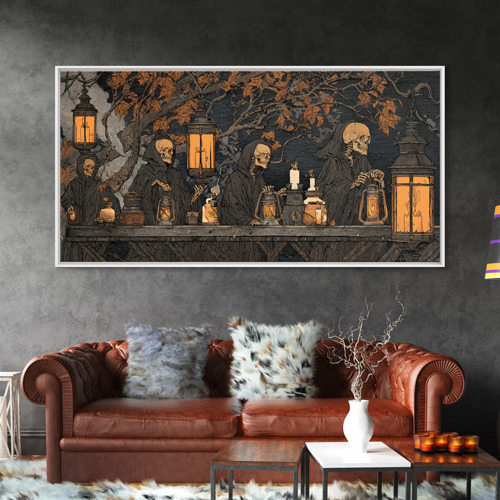 The Candlelit Skull Apothecary - Procession Scene, Spooky Wall Decor, Wide Panoramic Art, Framed Canvas Print, Halloween Home Decor