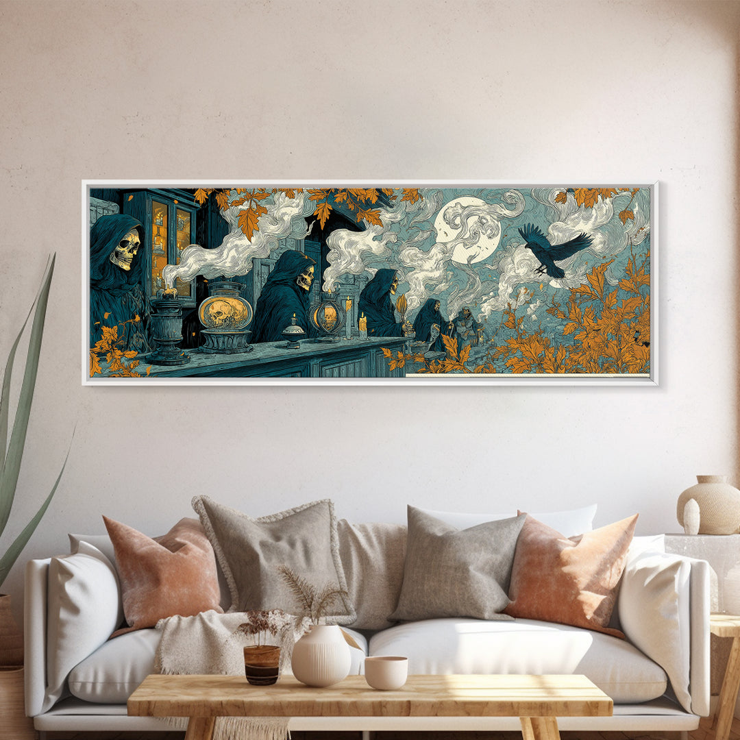 The Candlelit Skull Apothecary - Procession Scene, Macabre Halloween Art, Extra Wide Wall Art, Framed Canvas Print, Halloween Home Decor