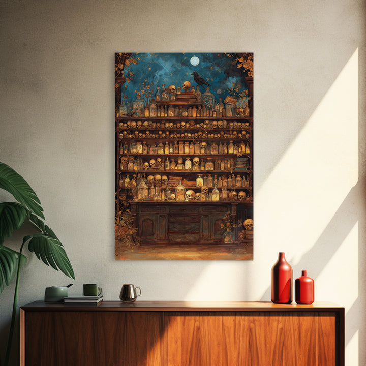 The Candlelit Skull Apothecary - Surreal Celestial Vision, Spooky Wall Decor, Vertical Wall Art, Framed Canvas Print, Halloween Home Decor