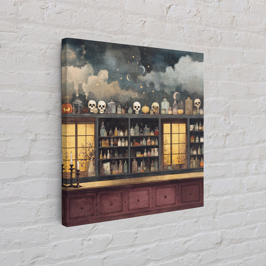 The Candlelit Skull Apothecary - Surreal Celestial Vision, Macabre Halloween Art, Square Wall Art, Framed Canvas Print, Halloween Home Decor