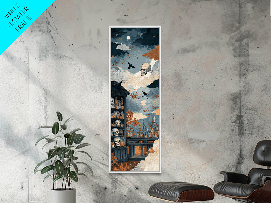 The Candlelit Skull Apothecary - Surreal Celestial Vision, Halloween Wall Art, Tall Narrow Wall Art, Framed Canvas Print, Gothic Wall Art