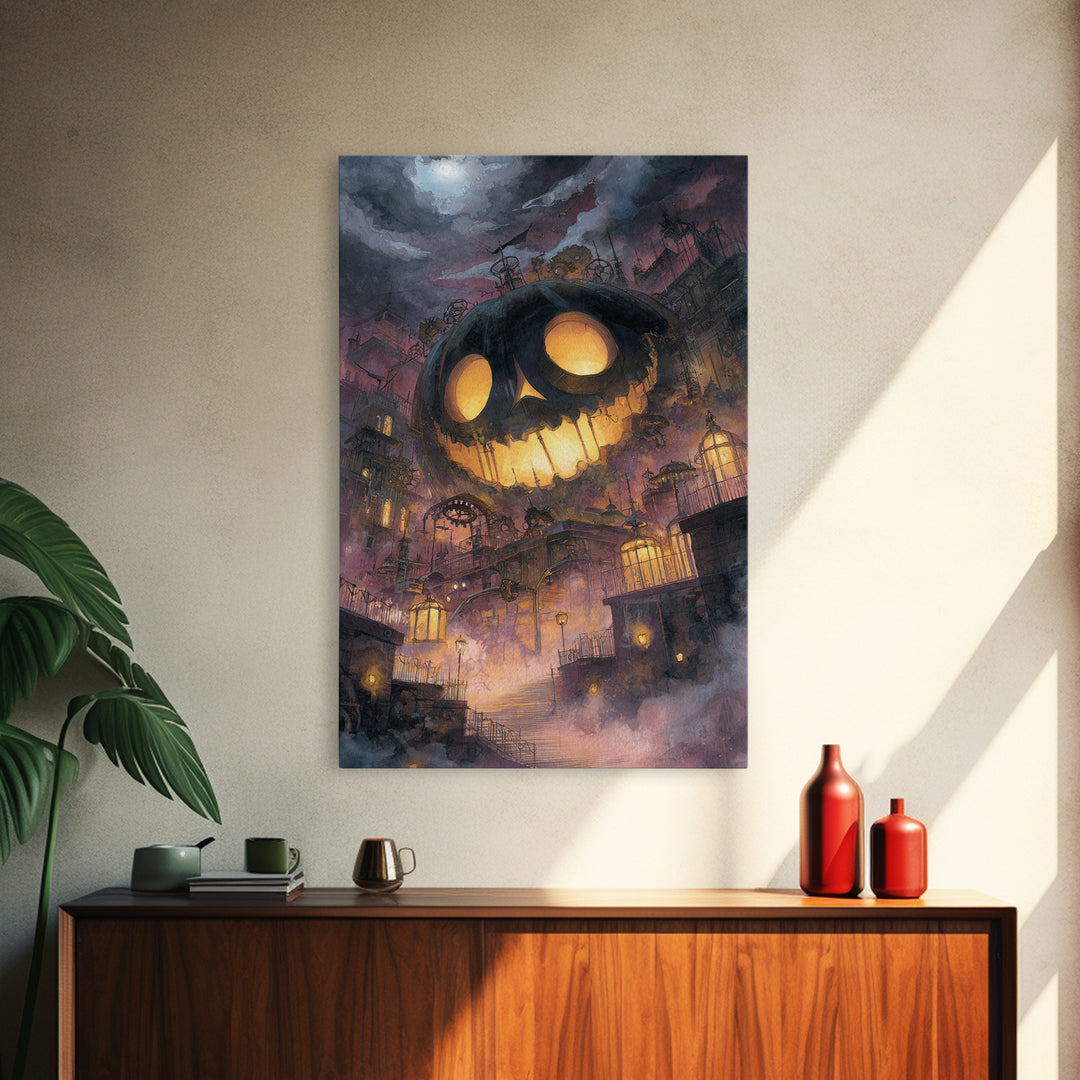 The Clockwork Jack-O-Lantern - Environmental Panorama, Macabre Halloween Art, Vertical Wall Art, Framed Canvas Print, Halloween Home Decor
