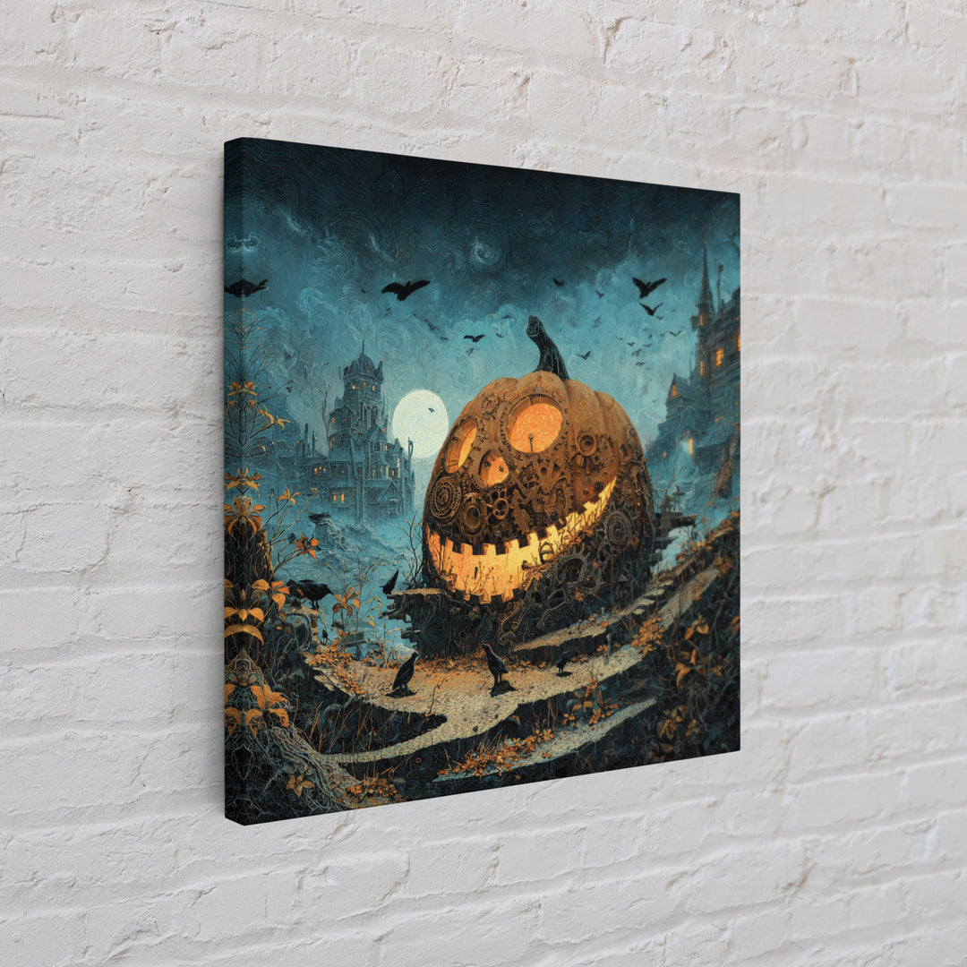 The Clockwork Jack-O-Lantern - Environmental Panorama, Macabre Halloween Art, Square Wall Art, Framed Canvas Print, Halloween Home Decor