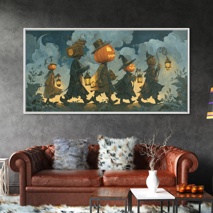The Clockwork Jack-O-Lantern - Procession Scene, Gothic Home Decor, Wide Panoramic Art, Canvas Print, Halloween Home Decor, Gothic Wall Art