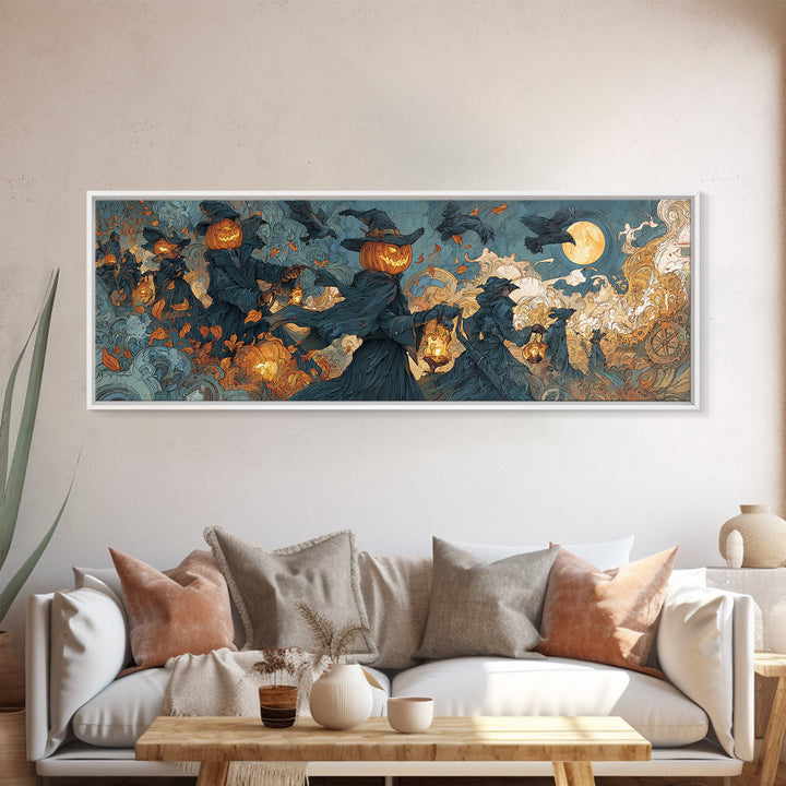 The Clockwork Jack-O-Lantern - Procession Scene, Occult Wall Decor, Extra Wide Wall Art, Canvas Print, Halloween Home Decor, Gothic Wall Art