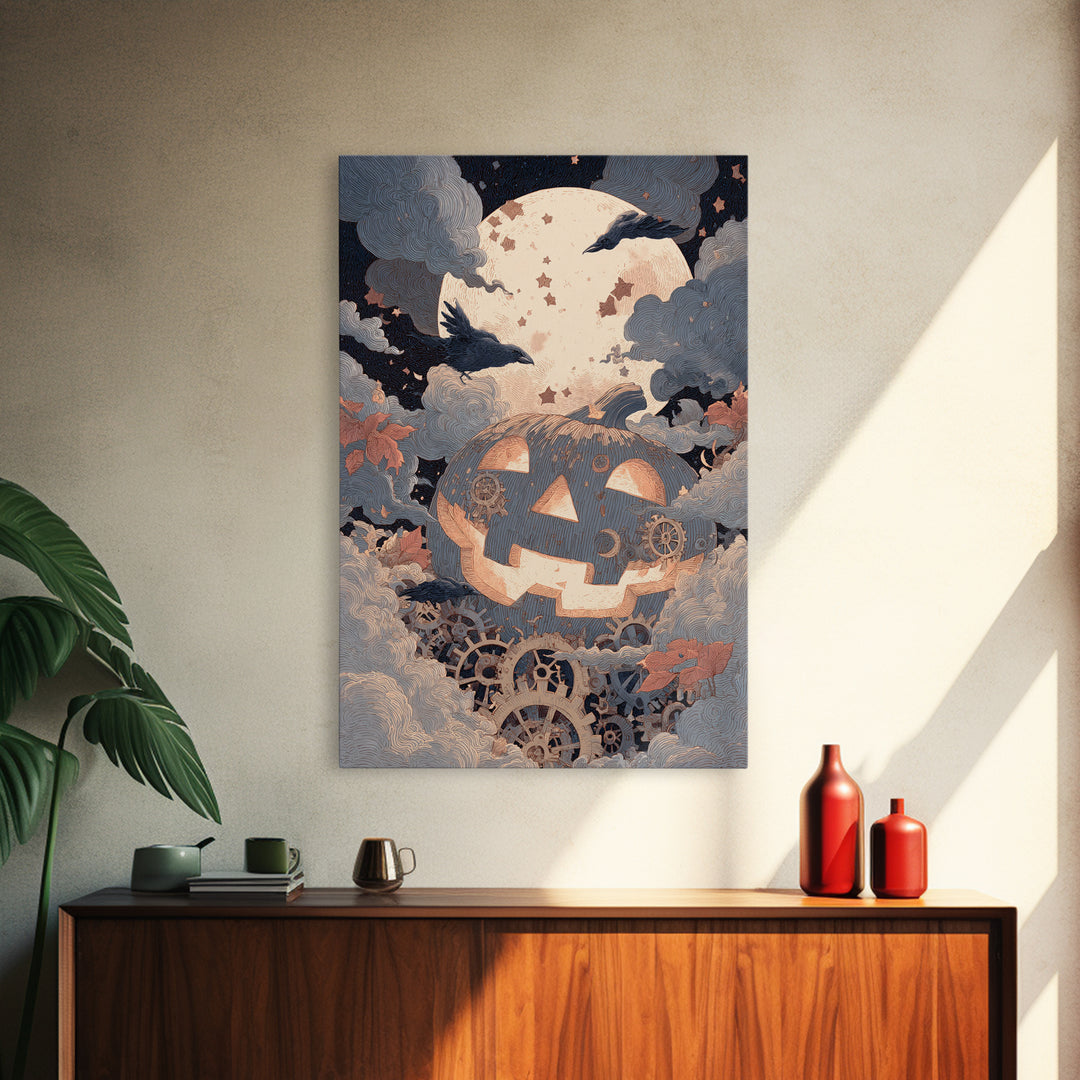 The Clockwork Jack-O-Lantern - Surreal Celestial Vision, Dark Fantasy Wall Art, Vertical Wall Art, Canvas Print, Halloween Home Decor