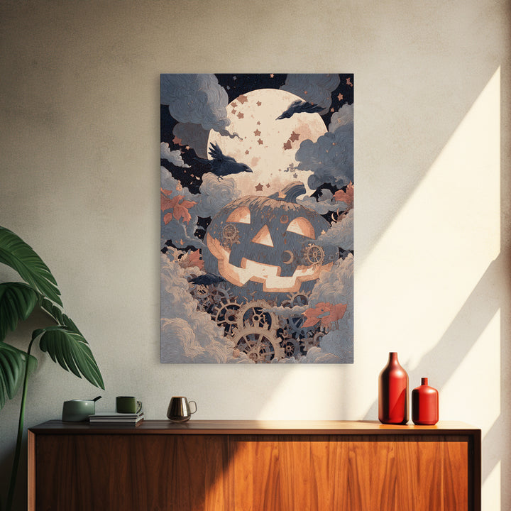 The Clockwork Jack-O-Lantern - Surreal Celestial Vision, Dark Fantasy Wall Art, Vertical Wall Art, Canvas Print, Halloween Home Decor