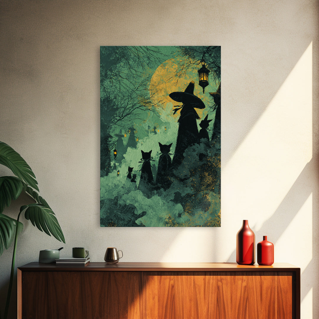 The Moonlit Cat Masquerade - Icon Portrait, Spooky Wall Decor, Vertical Wall Art, Framed Canvas Print, Halloween Home Decor, Gothic Wall Art