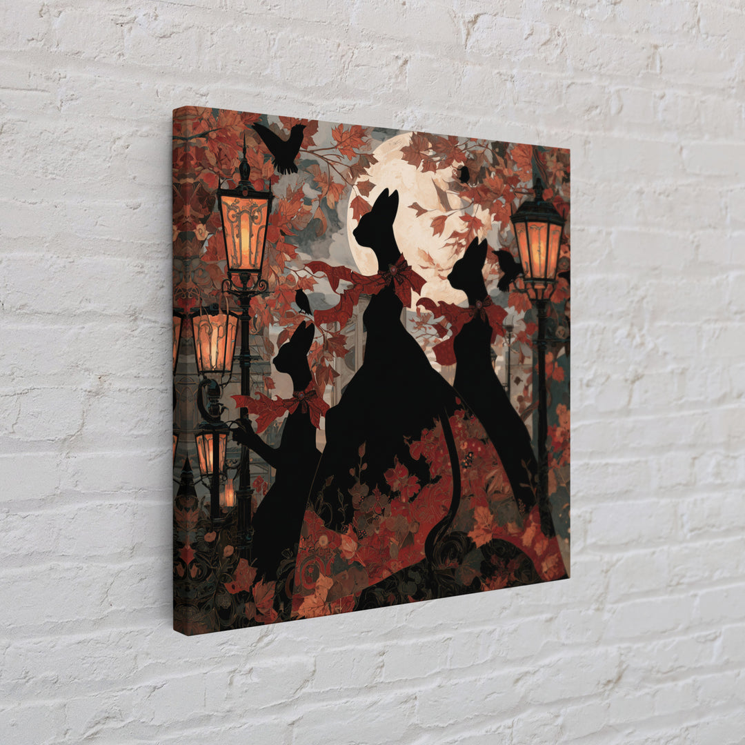 The Moonlit Cat Masquerade - Icon Portrait, Macabre Halloween Art, Square Wall Art, Framed Canvas Print, Halloween Home Decor