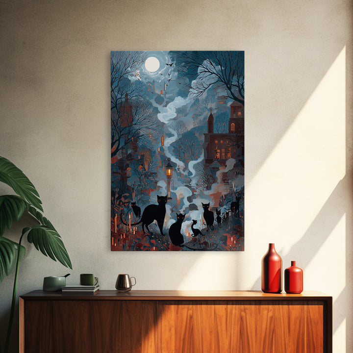 The Moonlit Cat Masquerade - Environmental Panorama, Dark Fantasy Wall Art, Vertical Wall Art, Canvas Print, Halloween Home Decor