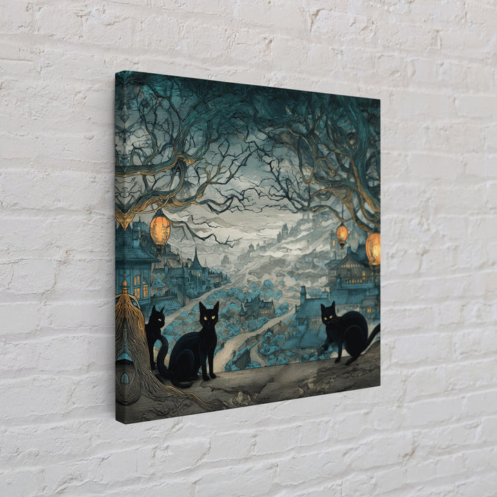 The Moonlit Cat Masquerade - Environmental Panorama, Spooky Wall Decor, Square Wall Art, Framed Canvas Print, Halloween Home Decor