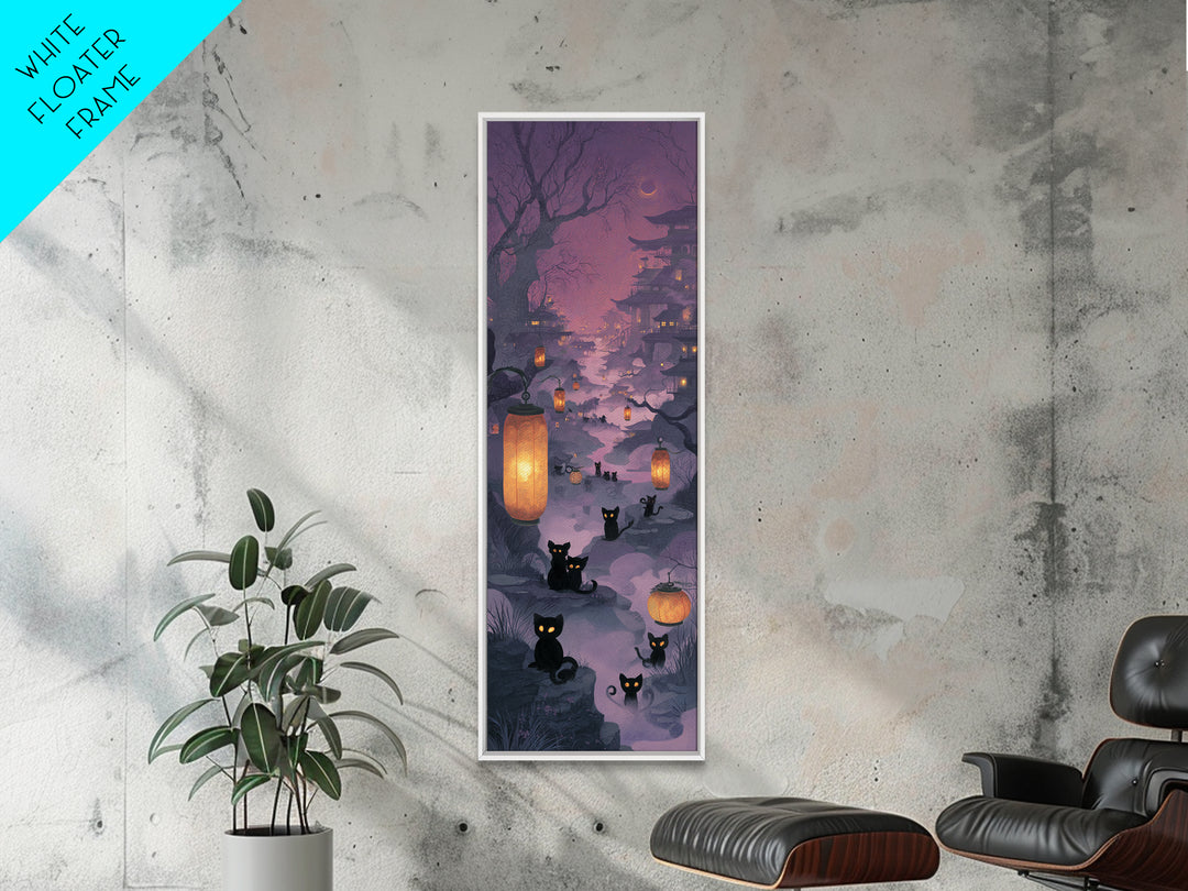 The Moonlit Cat Masquerade - Environmental Panorama, Macabre Halloween Art, Tall Narrow Wall Art, Framed Canvas Print, Halloween Home Decor