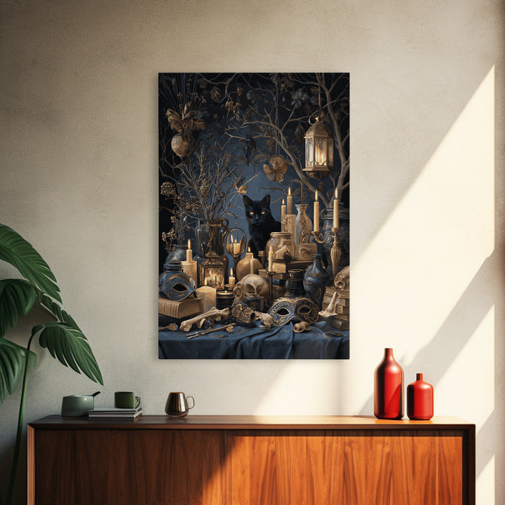 The Moonlit Cat Masquerade - Occult Still Life, Halloween Wall Art, Vertical Wall Art, Framed Canvas Print, Halloween Home Decor