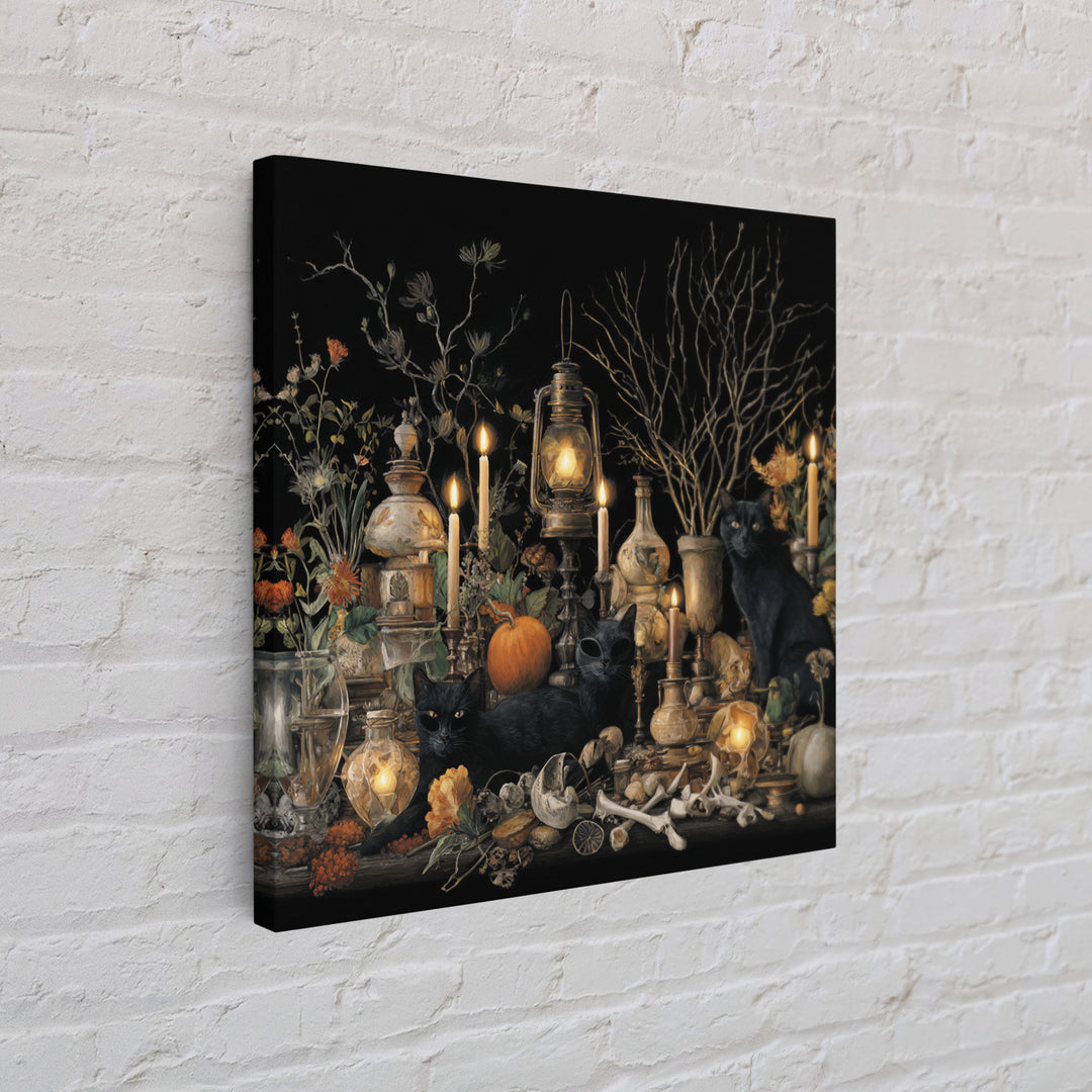 The Moonlit Cat Masquerade - Occult Still Life, Dark Fantasy Wall Art, Square Wall Art, Canvas Print, Halloween Home Decor, Gothic Wall Art