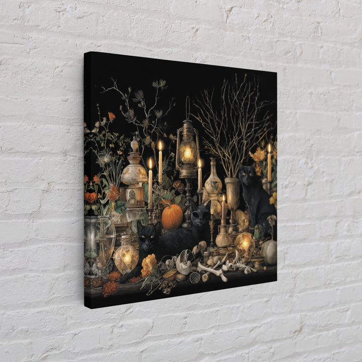The Moonlit Cat Masquerade - Occult Still Life, Dark Fantasy Wall Art, Square Wall Art, Canvas Print, Halloween Home Decor, Gothic Wall Art