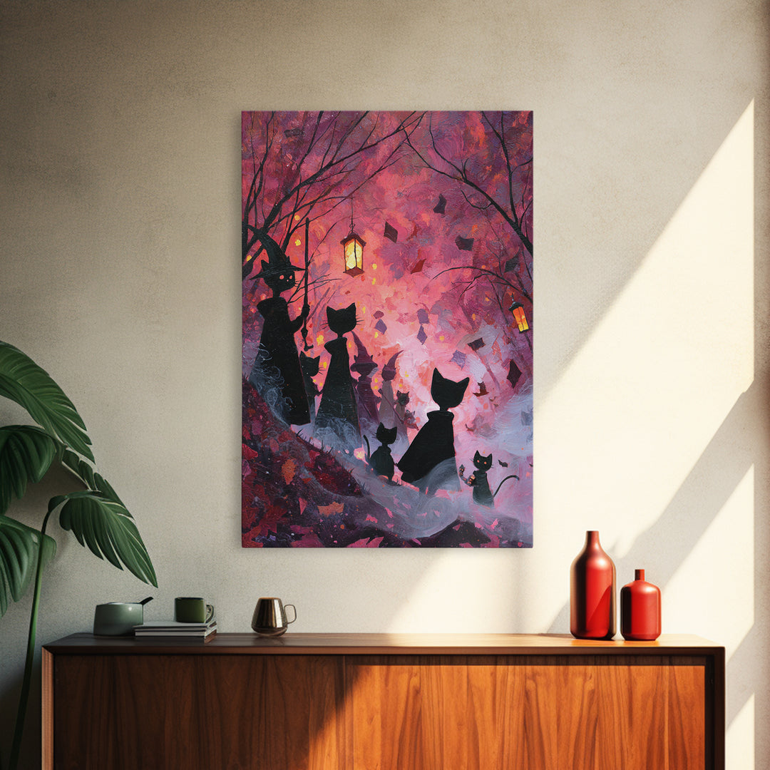The Moonlit Cat Masquerade - Procession Scene, Macabre Halloween Art, Vertical Wall Art, Framed Canvas Print, Halloween Home Decor